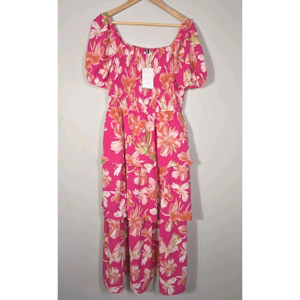 NWT BTFBM Pink Floral Smocked Maxi Dress Puff Sleeve Tiered Boho Women's L - Picture 11 of 12